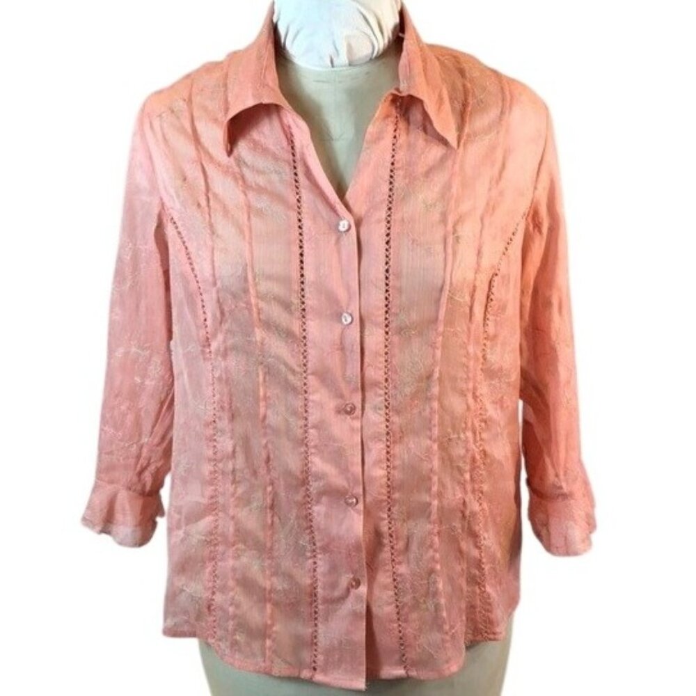 Moonlight Bay Top Embroidered Button-Up Peach Blouse XL